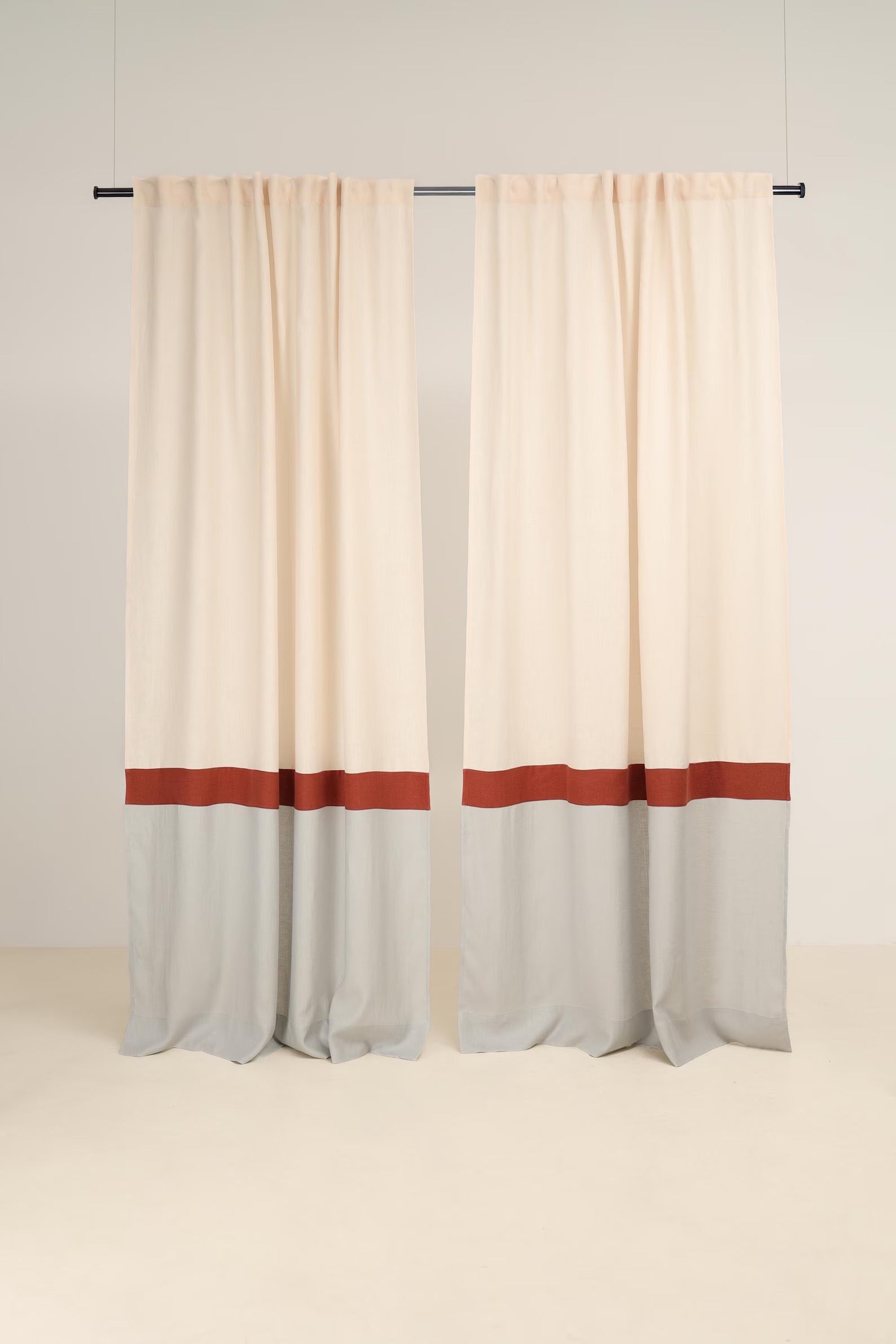 Set of 2 linen curtains, color block, Multifunctional heading curtains, Semi-sheer linen curtains, 3 color drapes, European flax linen