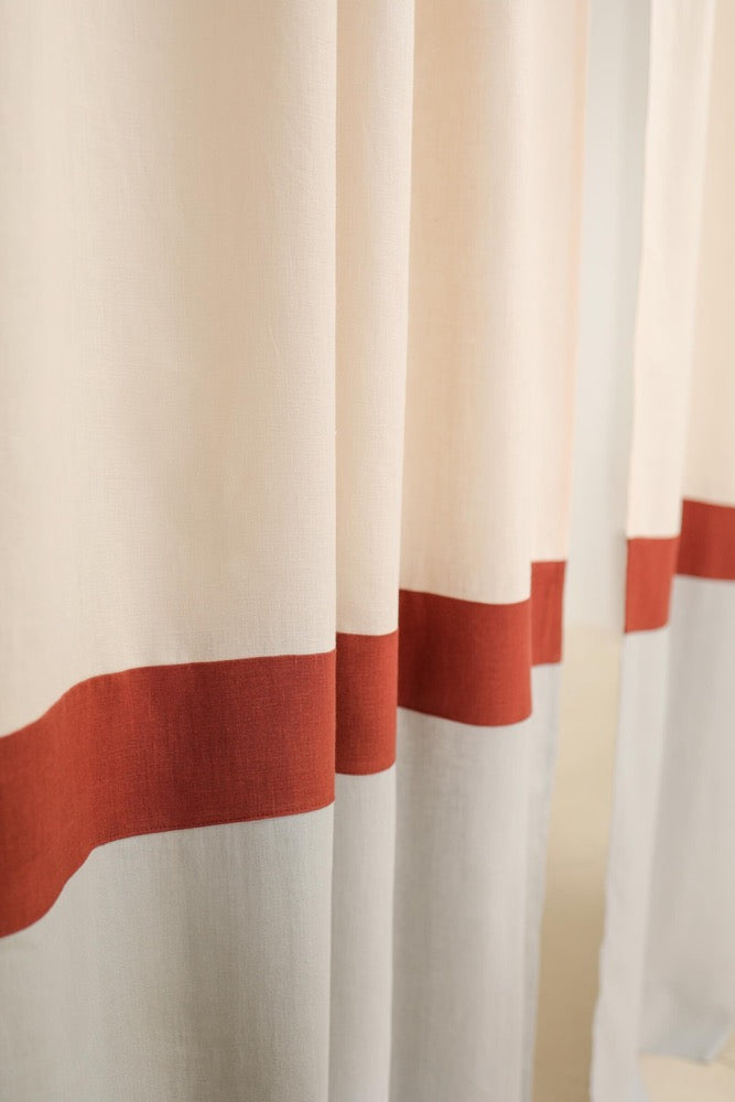 Set of 2 linen curtains, color block, Multifunctional heading curtains, Semi-sheer linen curtains, 3 color drapes, European flax linen
