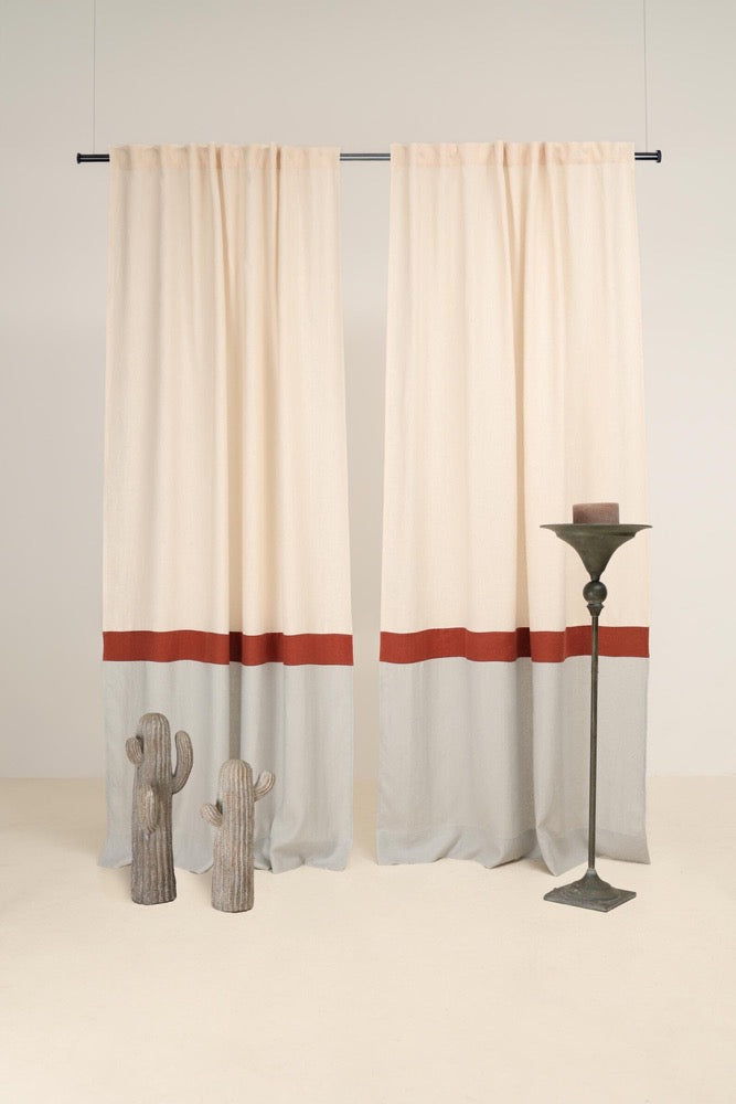 Set of 2 linen curtains, color block, Multifunctional heading curtains, Semi-sheer linen curtains, 3 color drapes, European flax linen