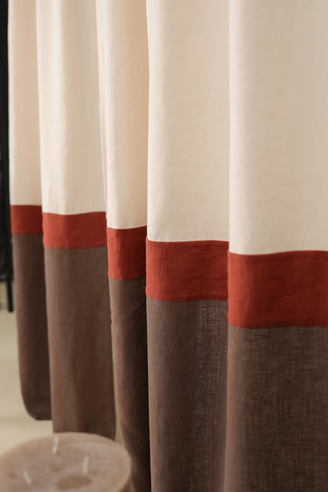 Set of 2 linen color block curtain panels, Multifunctional heading curtains, Semi-sheer linen curtains, 3 color drapes, Rod pocket curtains