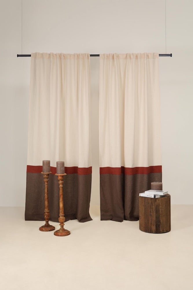 Set of 2 linen color block curtain panels, Multifunctional heading curtains, Semi-sheer linen curtains, 3 color drapes, Rod pocket curtains