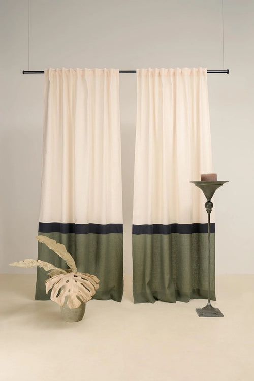 Set of 2 linen color block curtain panels, Multifunctional heading, Semi-sheer curtains, 3 colors - Ivory, Charcoal, and custom color drapes