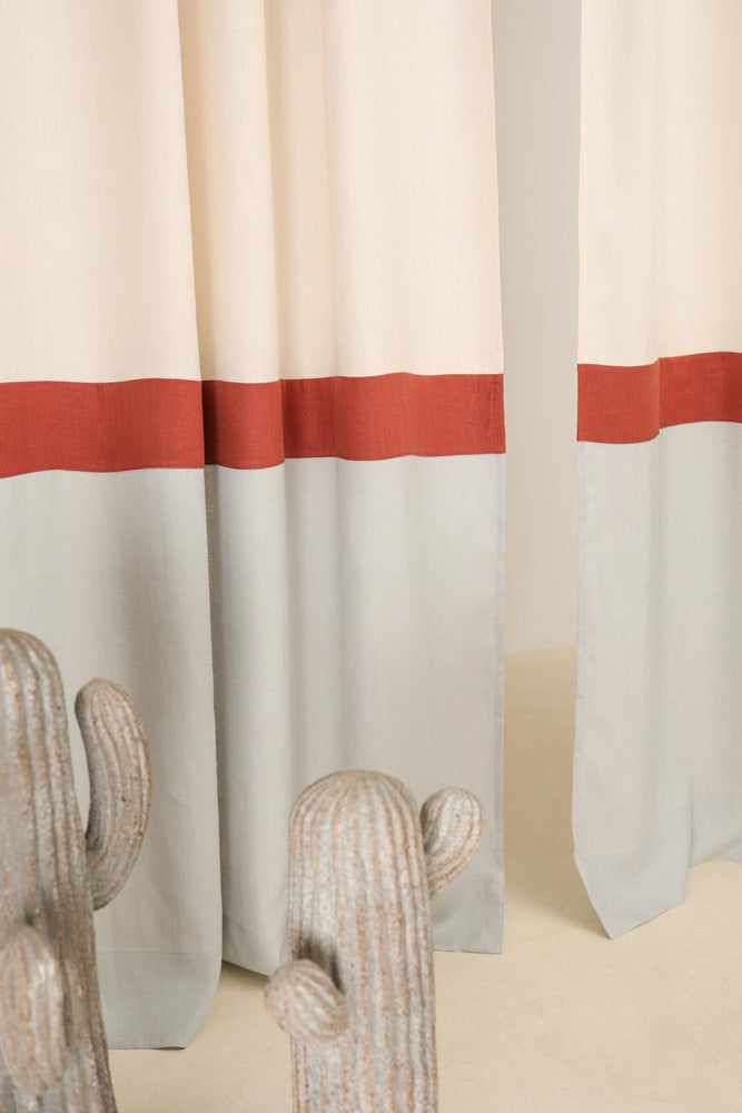 Set of 2 linen curtains, color block, Multifunctional heading curtains, Semi-sheer linen curtains, 3 color drapes, European flax linen