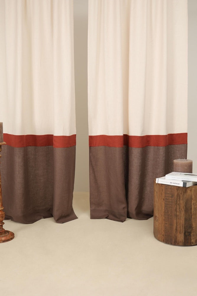 Set of 2 linen color block curtain panels, Multifunctional heading curtains, Semi-sheer linen curtains, 3 color drapes, Rod pocket curtains