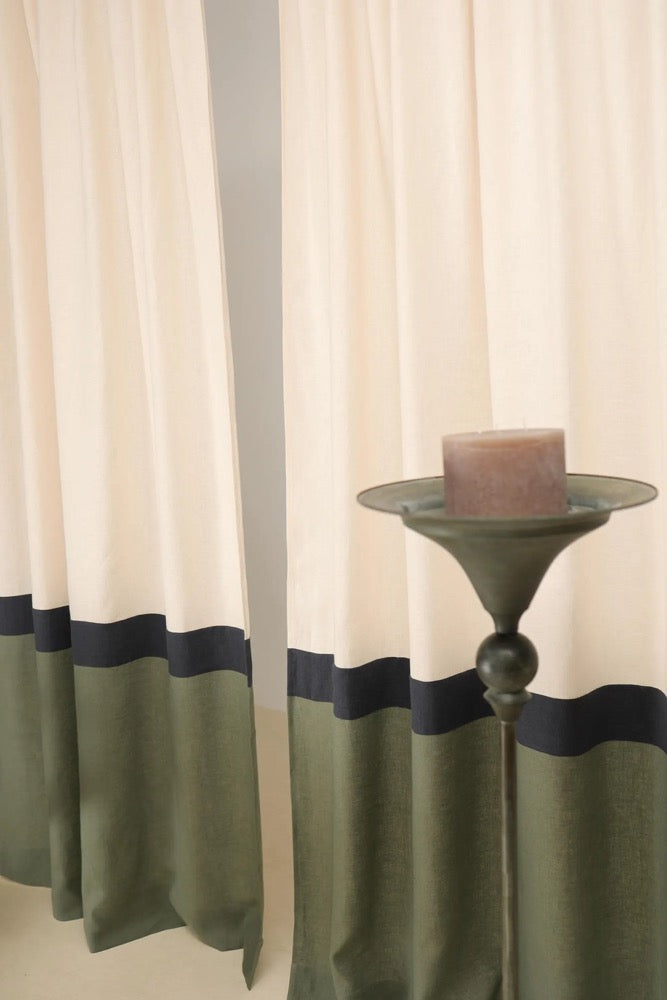 Set of 2 linen color block curtain panels, Multifunctional heading, Semi-sheer curtains, 3 colors - Ivory, Charcoal, and custom color drapes