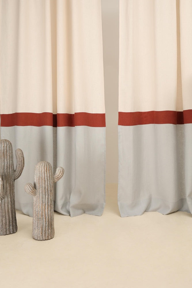 Set of 2 linen curtains, color block, Multifunctional heading curtains, Semi-sheer linen curtains, 3 color drapes, European flax linen