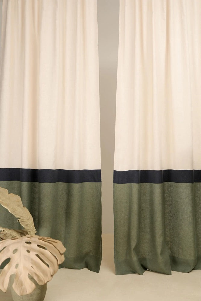 Set of 2 linen color block curtain panels, Multifunctional heading, Semi-sheer curtains, 3 colors - Ivory, Charcoal, and custom color drapes