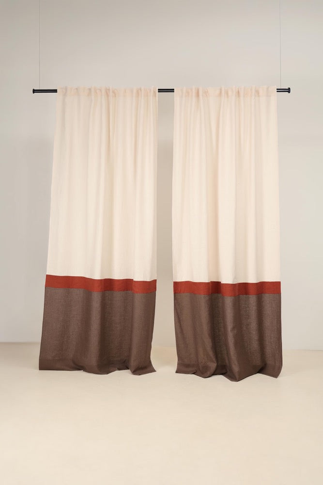 Set of 2 linen color block curtain panels, Multifunctional heading curtains, Semi-sheer linen curtains, 3 color drapes, Rod pocket curtains